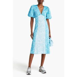 NWT Ganni Blue Puff Sleeves ganni crinkled satin Midi dress Women's Size 36/4